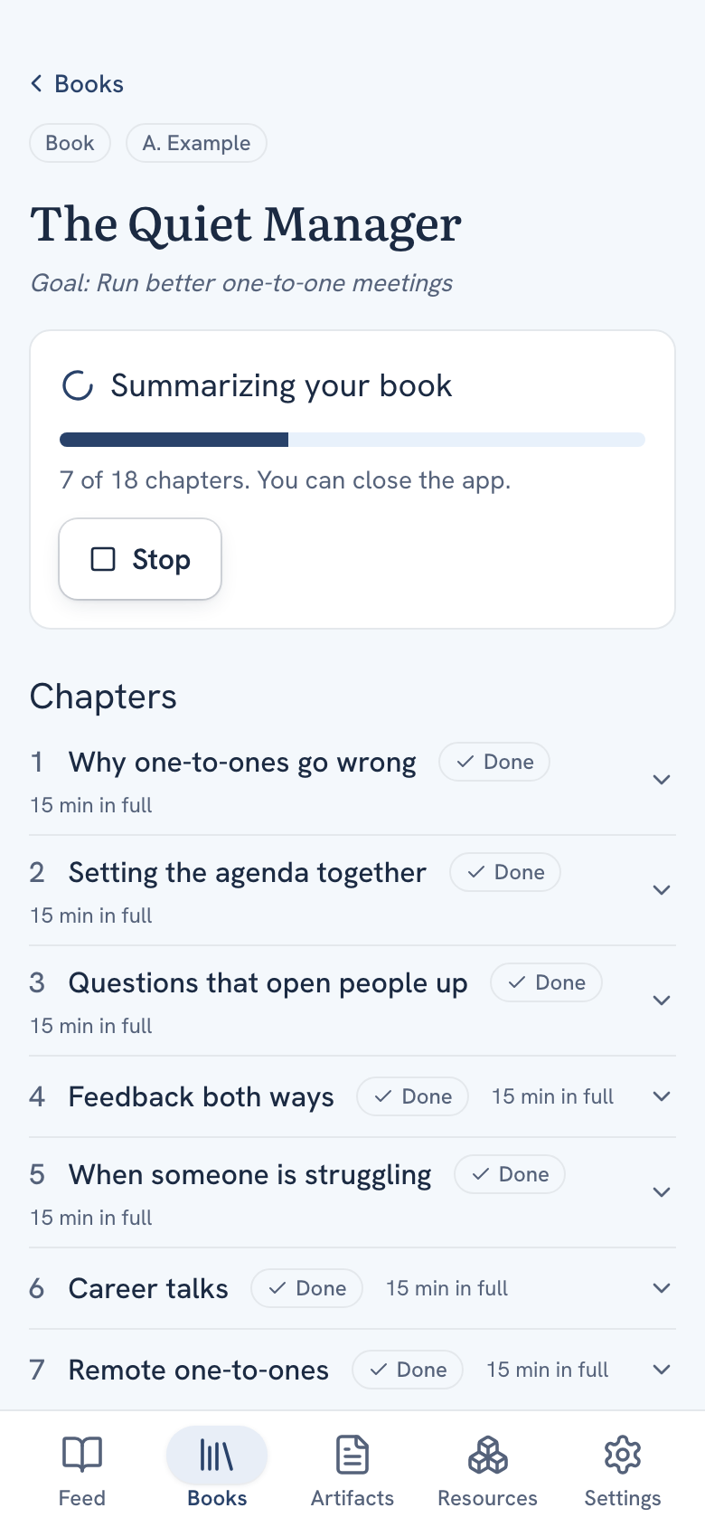 The book page on a phone with Summarizing your book, the progress bar, 7 of 18 chapters and the Stop button