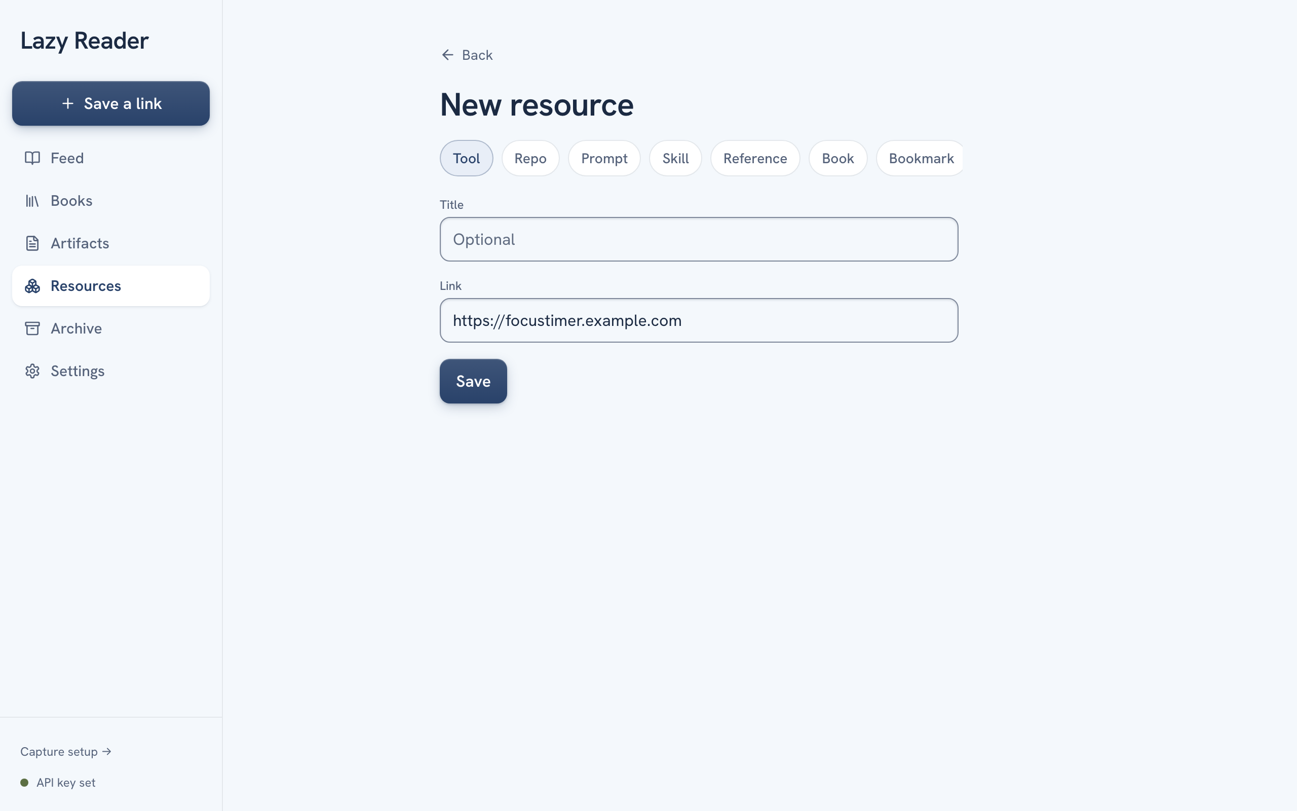 The New resource page on a computer with the row of type buttons, Tool picked, the Title field, the Link field and the Save button