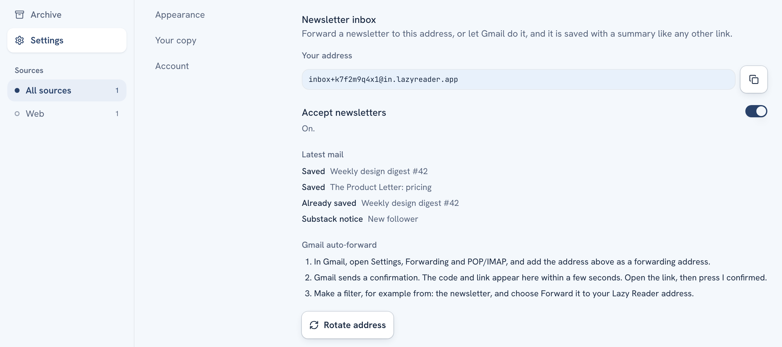 The Newsletter inbox block in Settings, Capture, on a computer, with Your address, the copy button, the Accept newsletters switch and the Latest mail list
