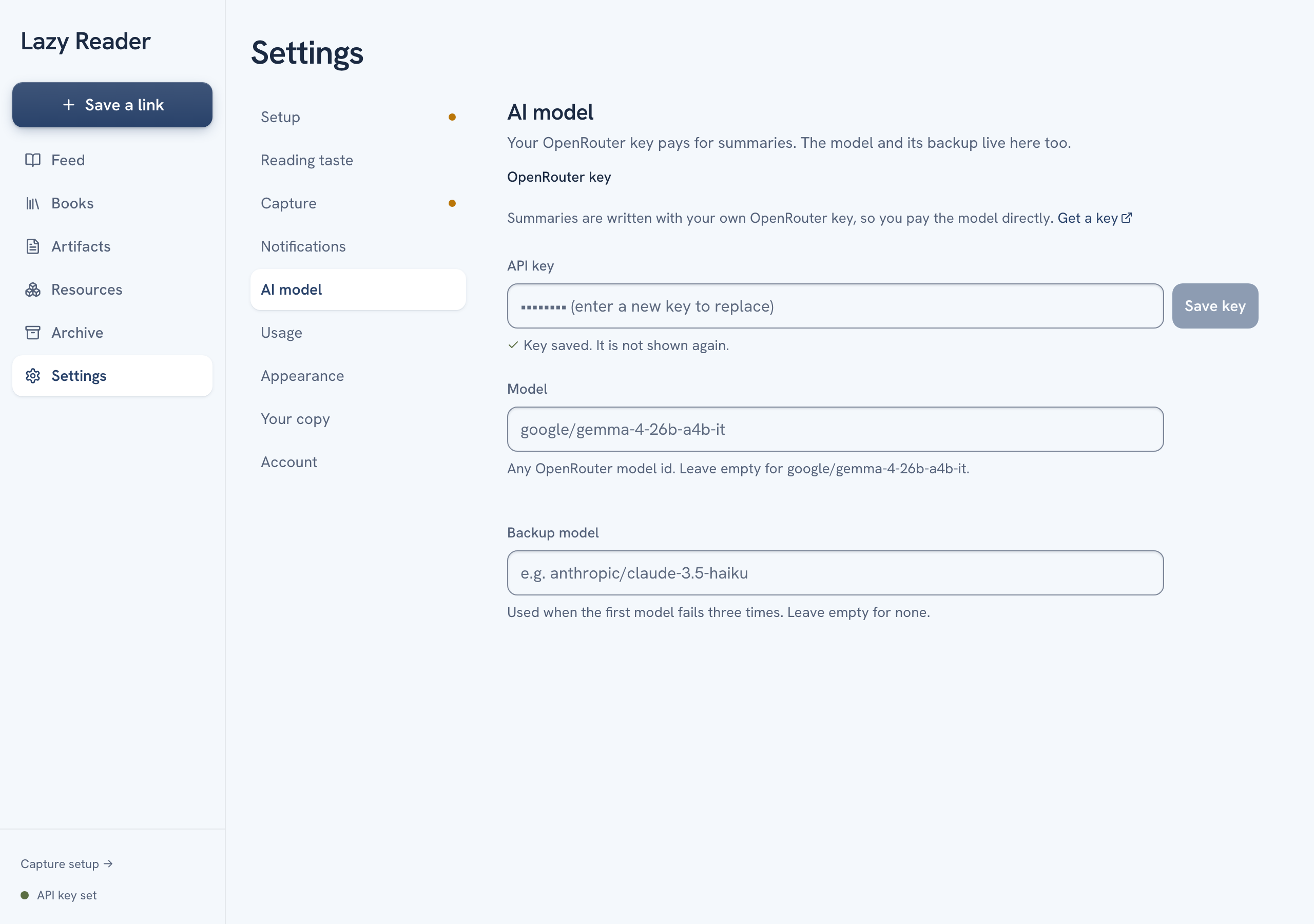Settings on a computer, AI model group: the OpenRouter key form with the API key field and Save key button, the line Key saved. It is not shown again. and below it the Model and Backup model fields