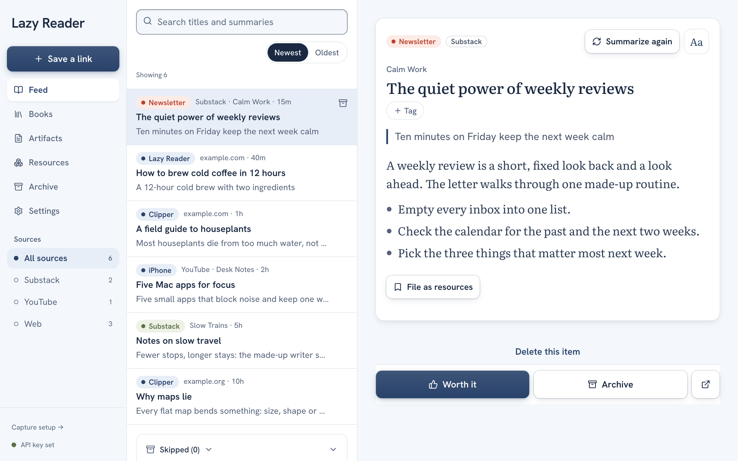 The Lazy Reader feed on a computer: the list of saves on the left and one item open on the right with its summary, and the Worth it and Archive buttons at the bottom
