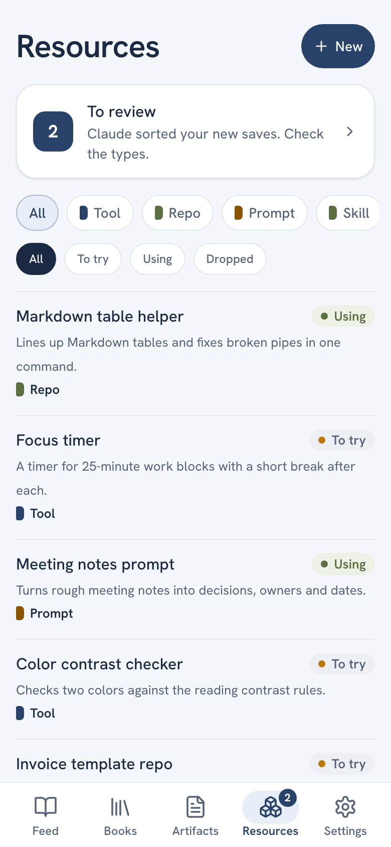The Resources list on a phone with the New button, the To review card, the type chips, the status chips and four rows