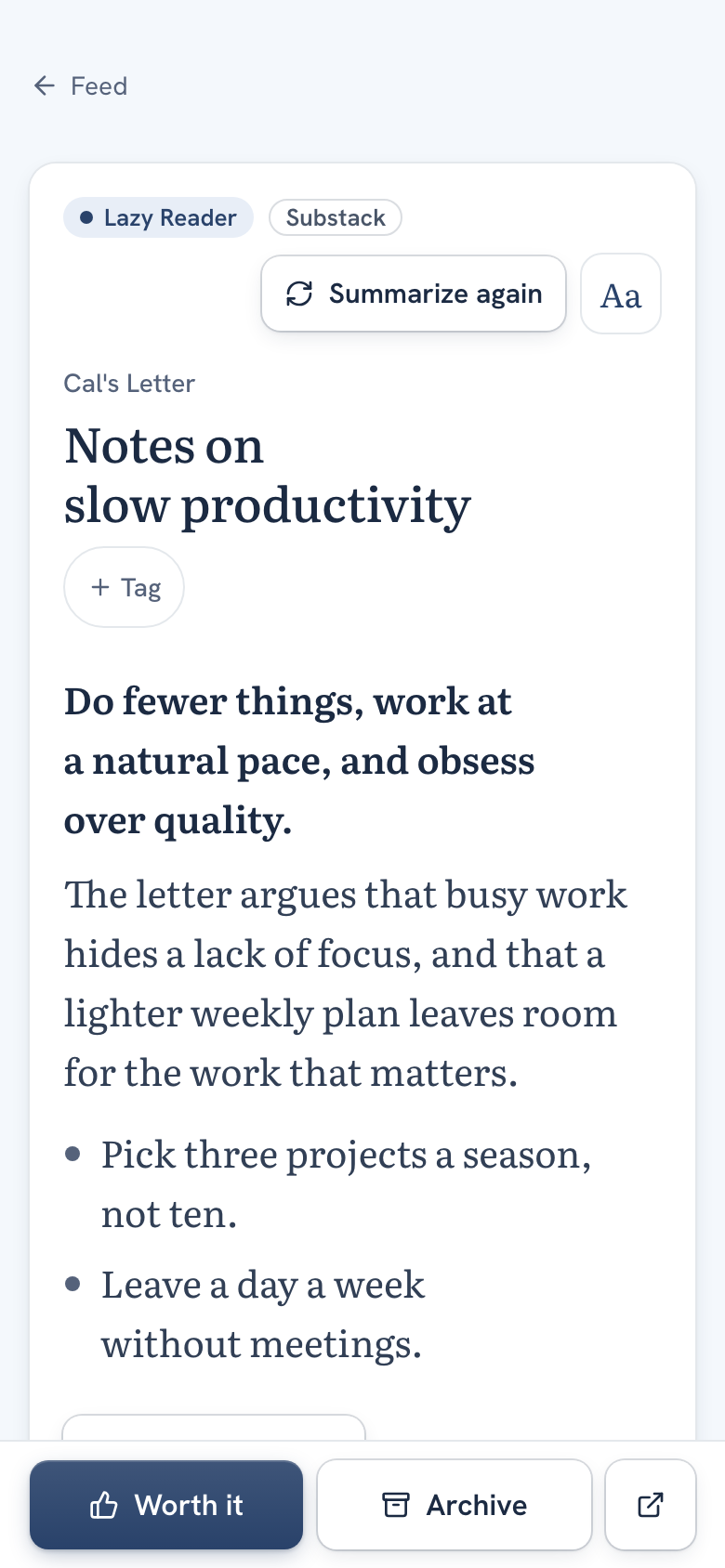 An item on a phone: the Lazy Reader and Substack labels, the Aa button, the title, the summary, and the bottom bar with Worth it, Archive and the open original button