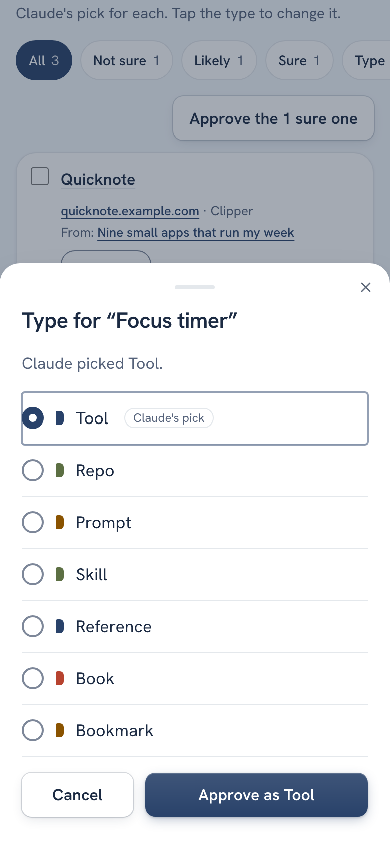The type sheet on a phone with Tool marked as Claude's pick and the Cancel and Approve as Tool buttons