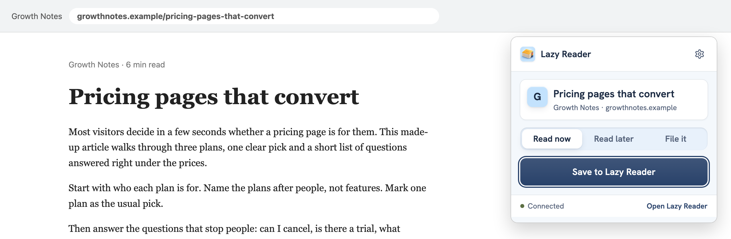 The clipper window open over an article in Chrome, with the page title, the three tabs, the Save to Lazy Reader button and Connected at the bottom