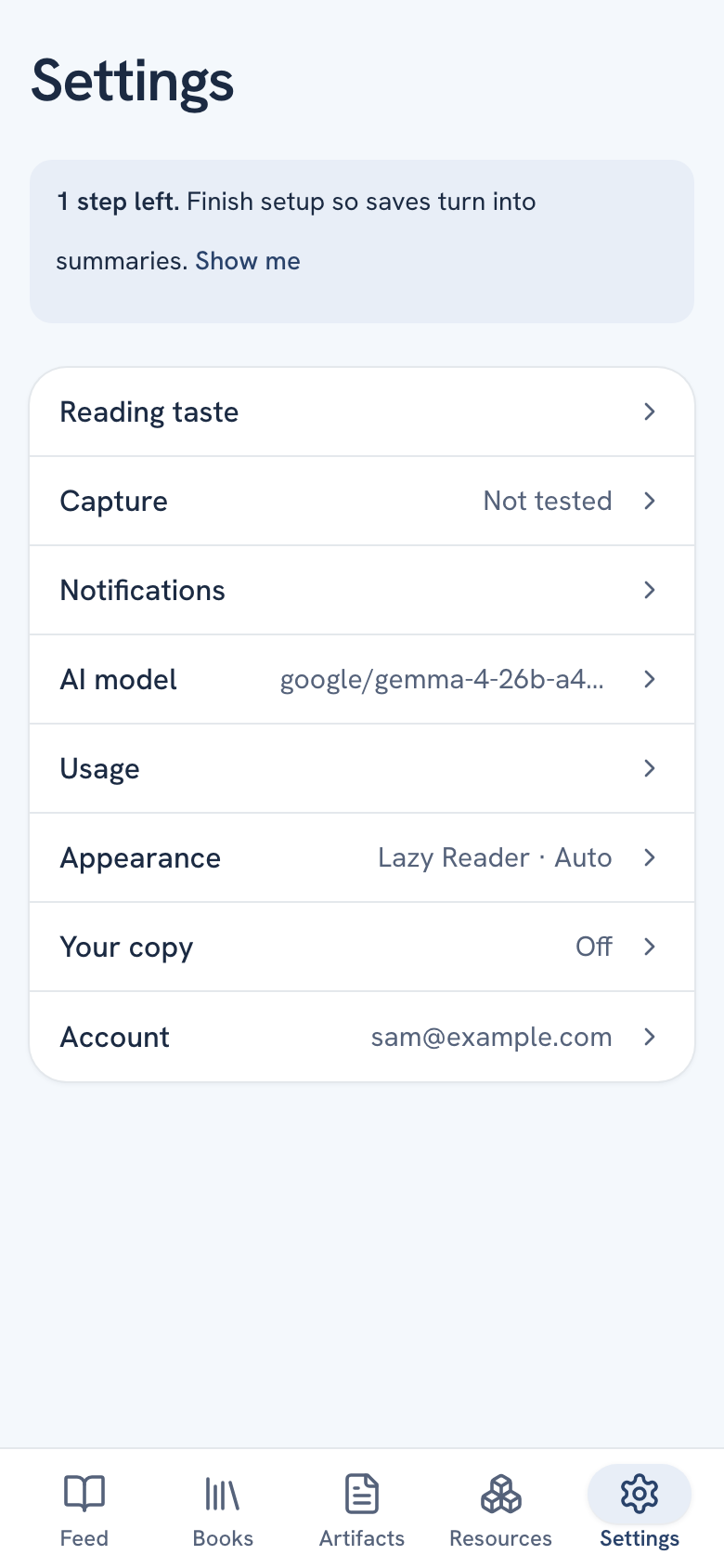 Settings on a phone: the list of groups with their values, and the banner with 1 step left and the Show me link