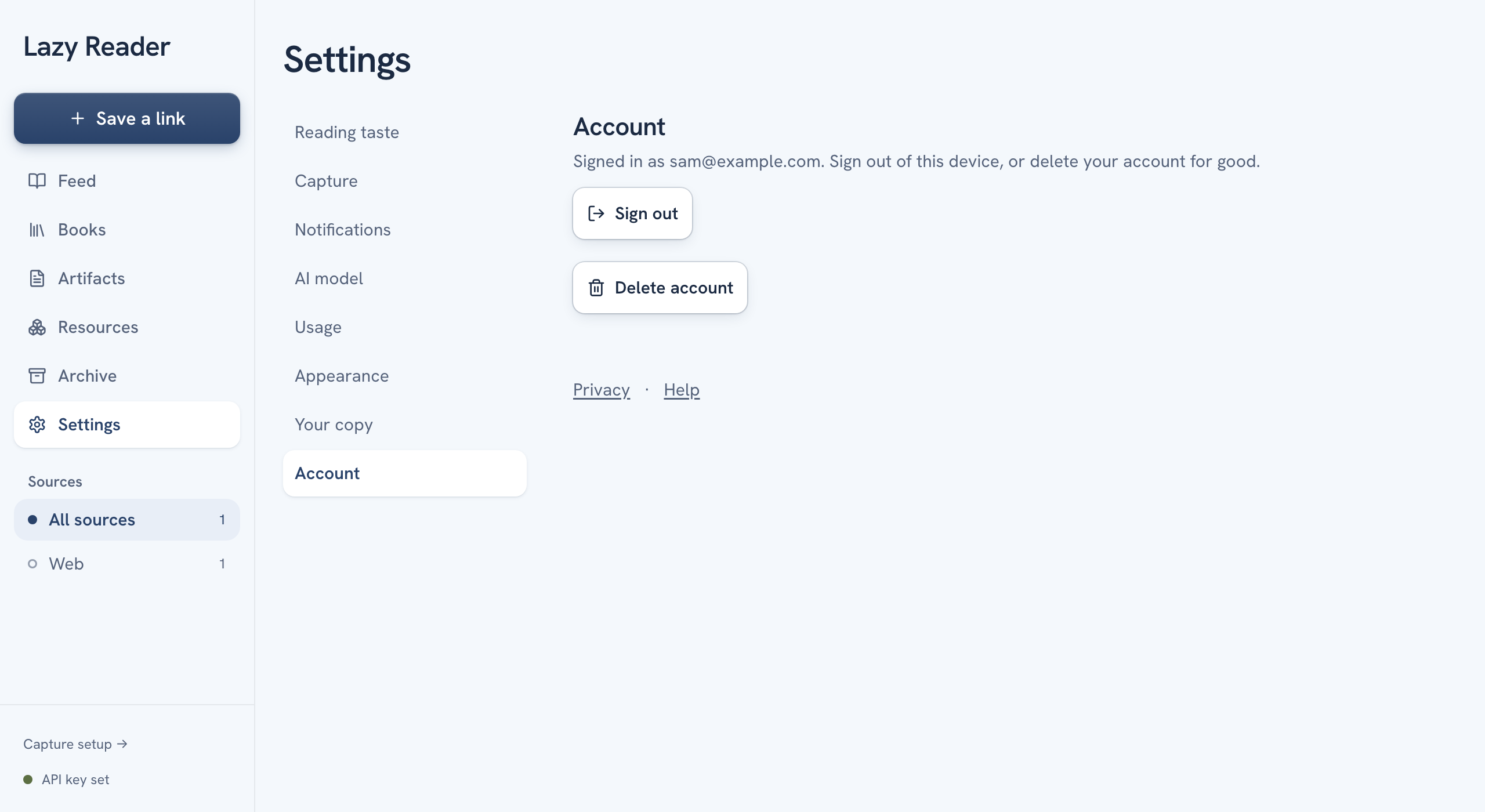 The Account group on a computer with the Sign out and Delete account buttons and the Privacy link