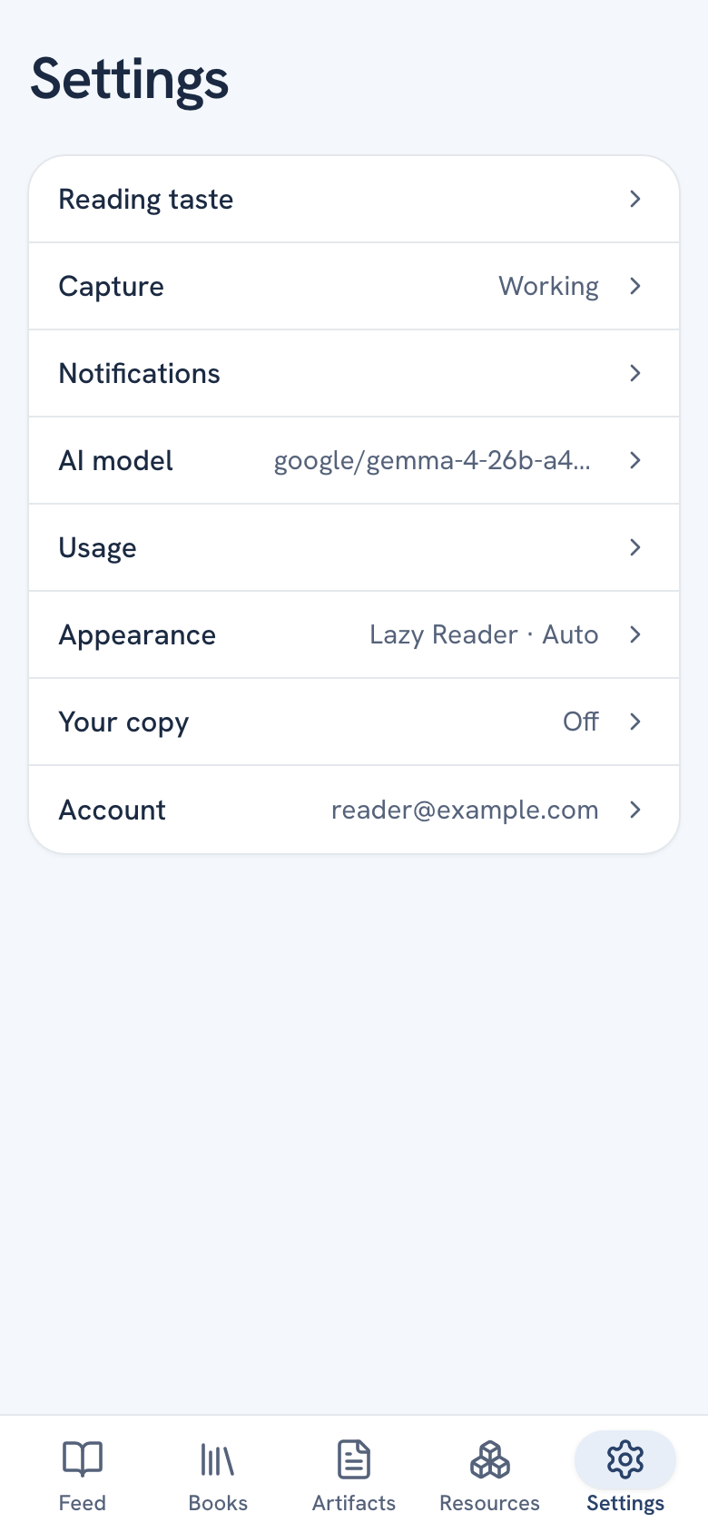 Settings on a phone with the list of groups: Reading taste, Capture, Notifications, AI model, Usage, Appearance, Your copy and Account