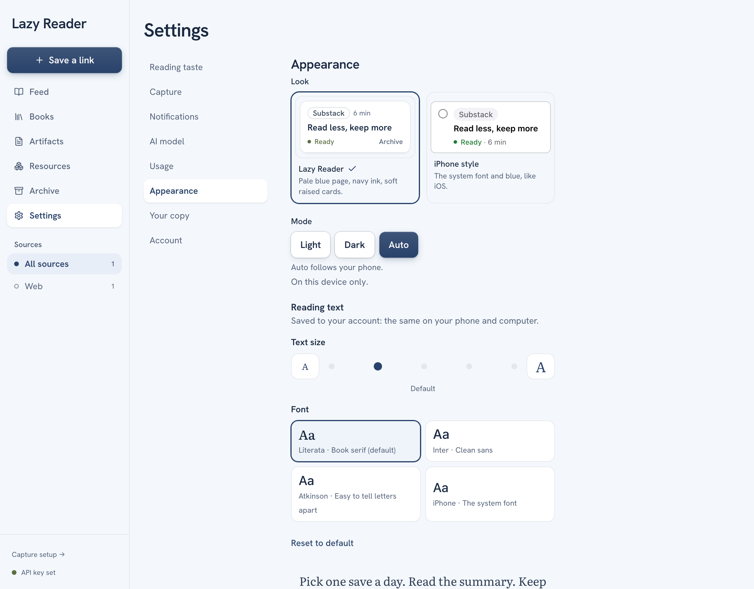 The Appearance group with the two look cards, the Light, Dark and Auto buttons, and the Reading text size and font controls