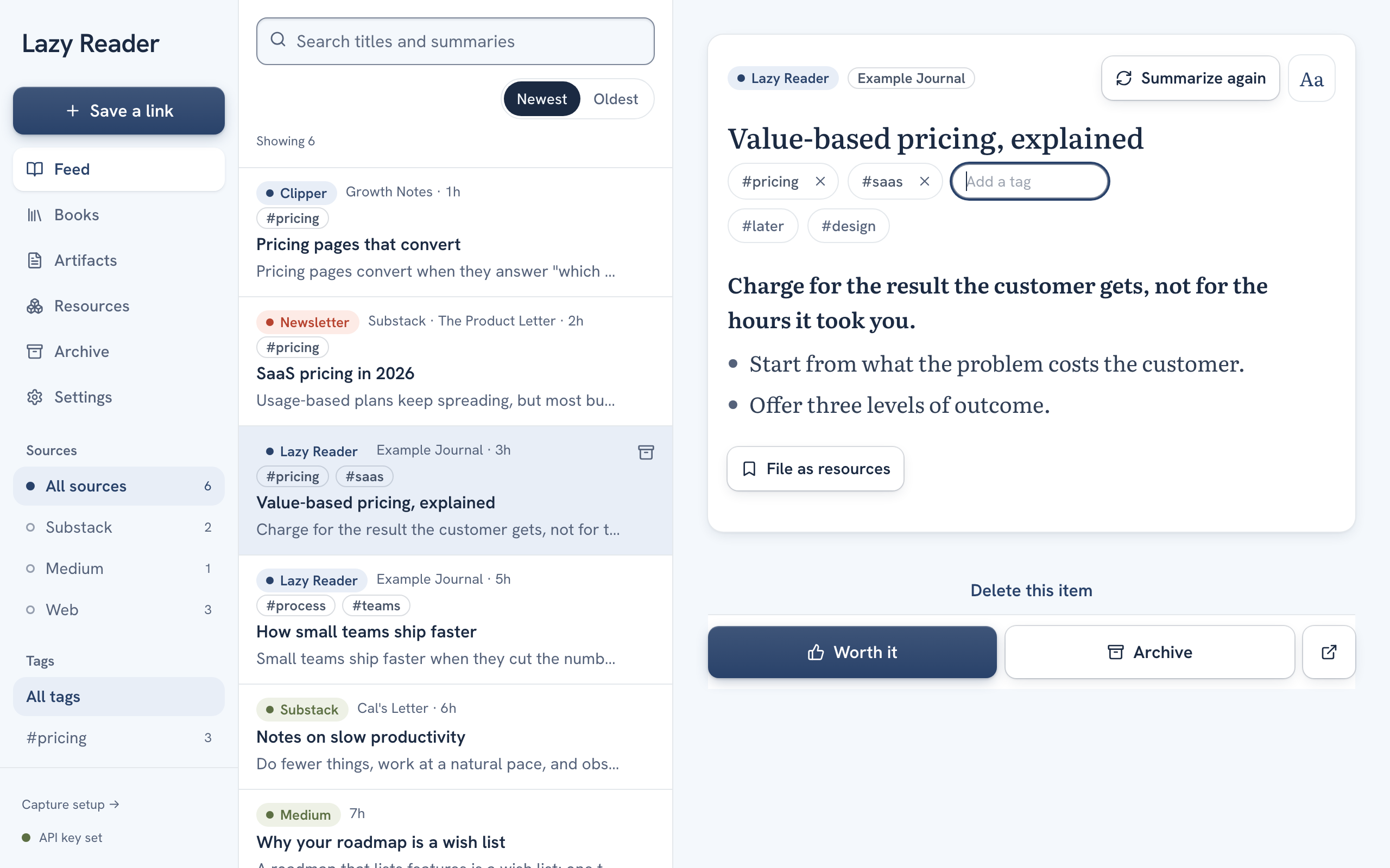 An item on a computer with the tags #pricing and #saas under the title, the Add a tag field open, and two suggested tags below it