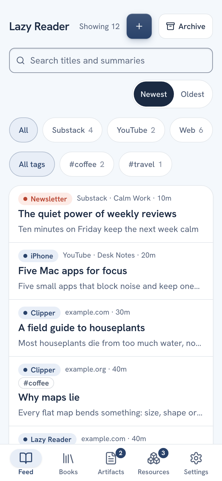 The Lazy Reader feed on a phone: the Lazy Reader title with Showing 12, the round plus button and the Archive button, the search field, the Newest and Oldest switch, a row of source chips, the list of saves, and the tab bar at the bottom